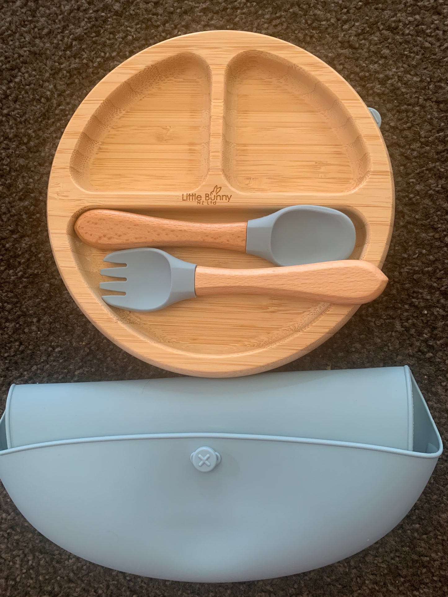 **50% OFF at Checkout. Round Bamboo Plate, Spoon & Fork with Bib Set