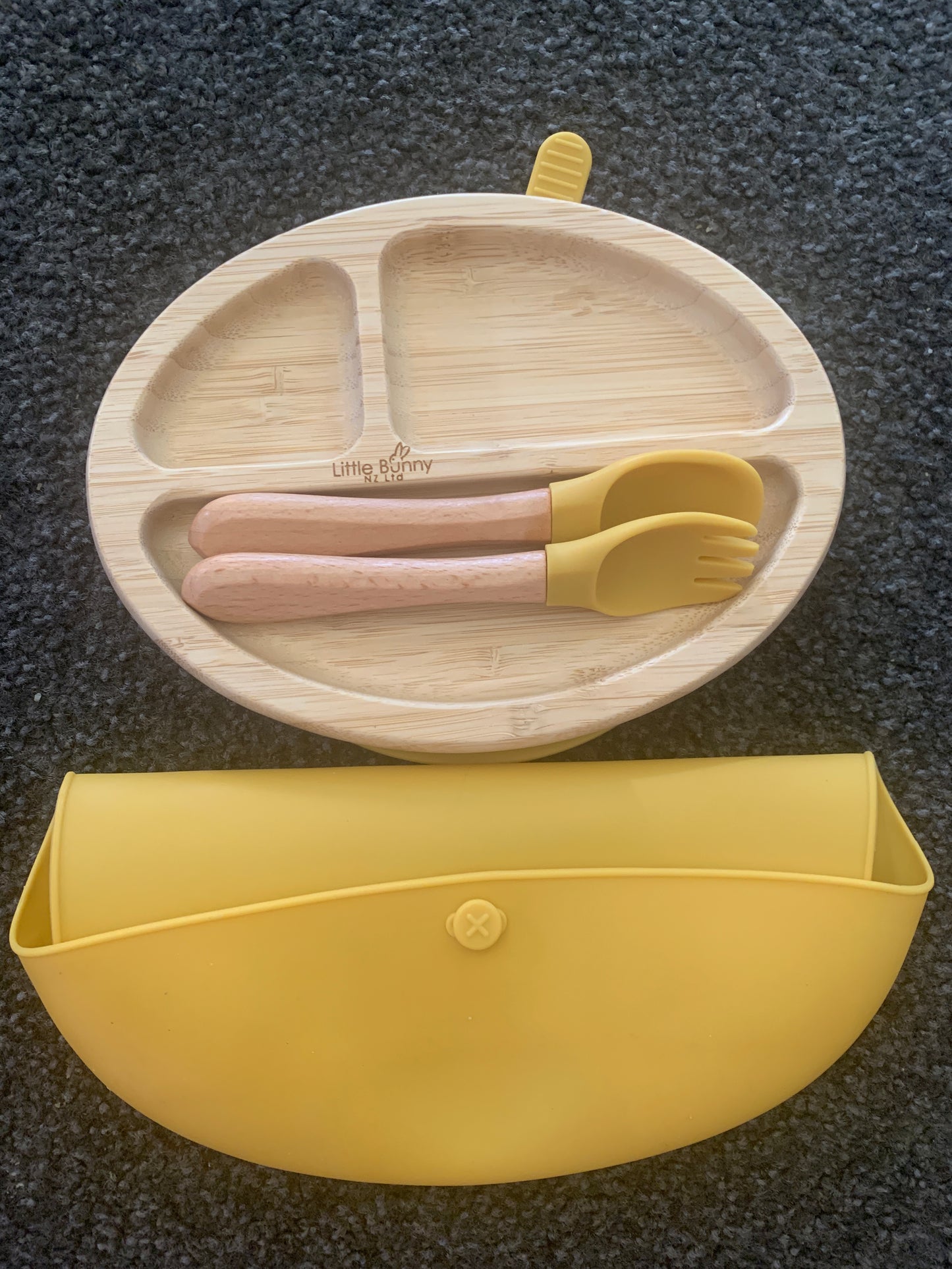 **50% OFF at Checkout. Oval Bamboo plate, spoon & fork and bib set