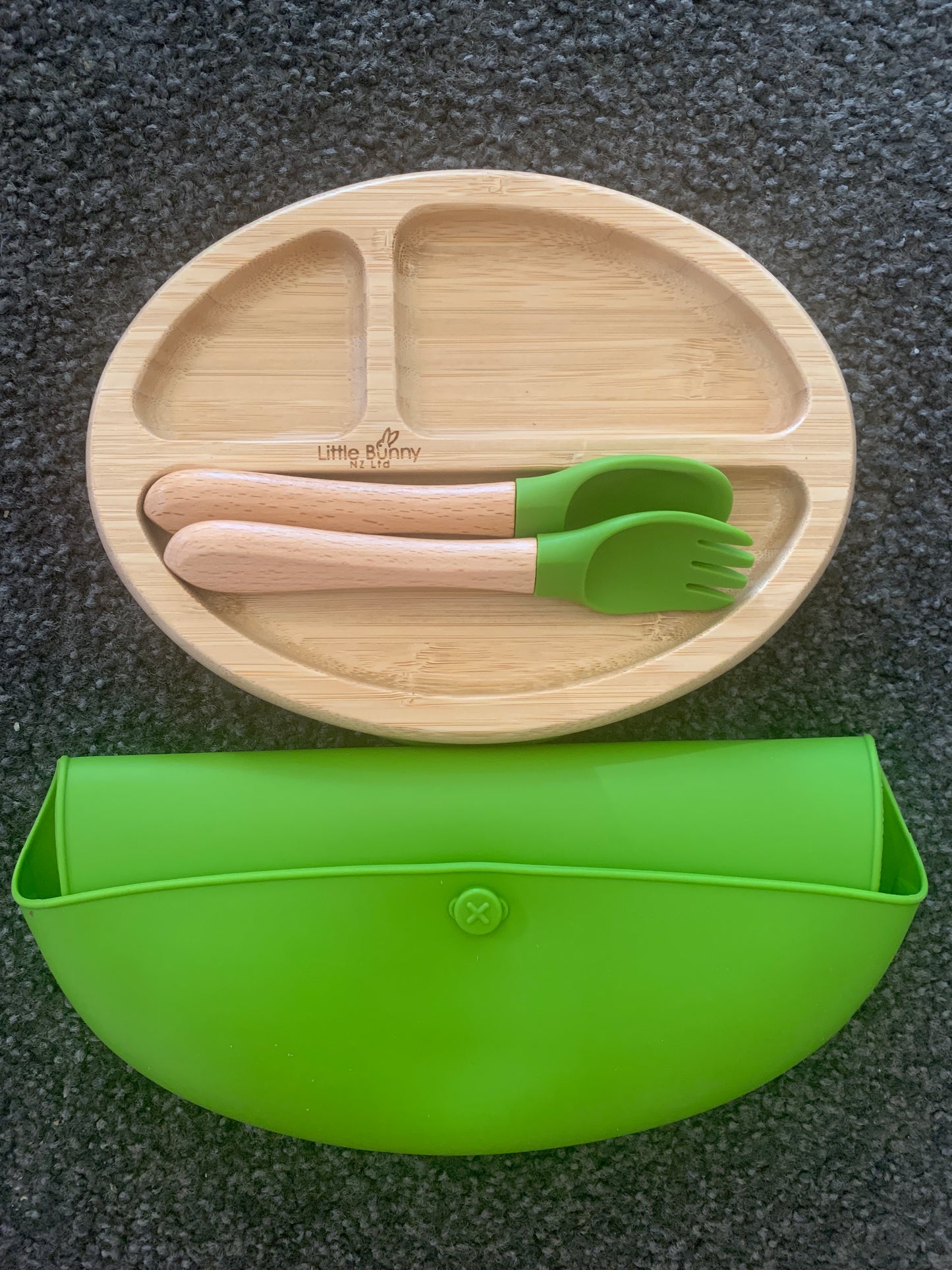 **50% OFF at Checkout. Oval Bamboo plate, spoon & fork and bib set