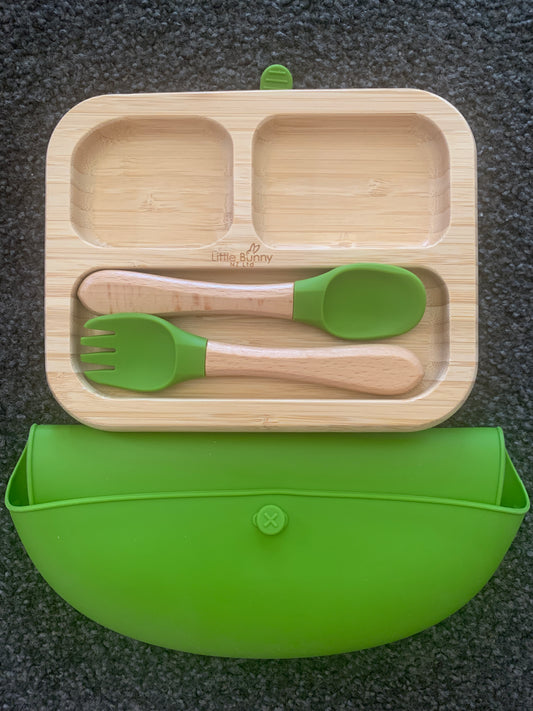 **50% OFF at Checkout. Square Bamboo Plate, Spoon&Fork with Bib