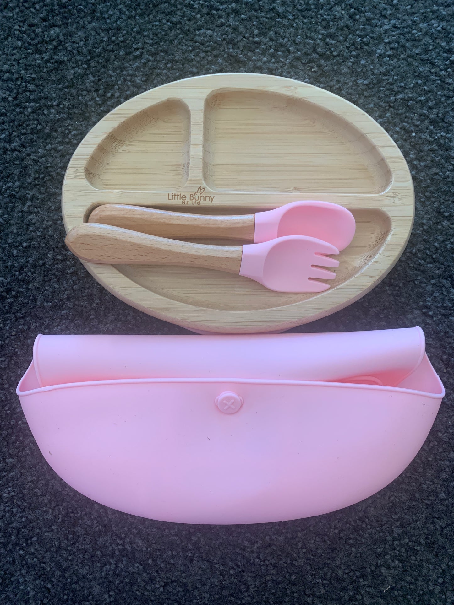 **50% OFF at Checkout. Oval Bamboo plate, spoon & fork and bib set