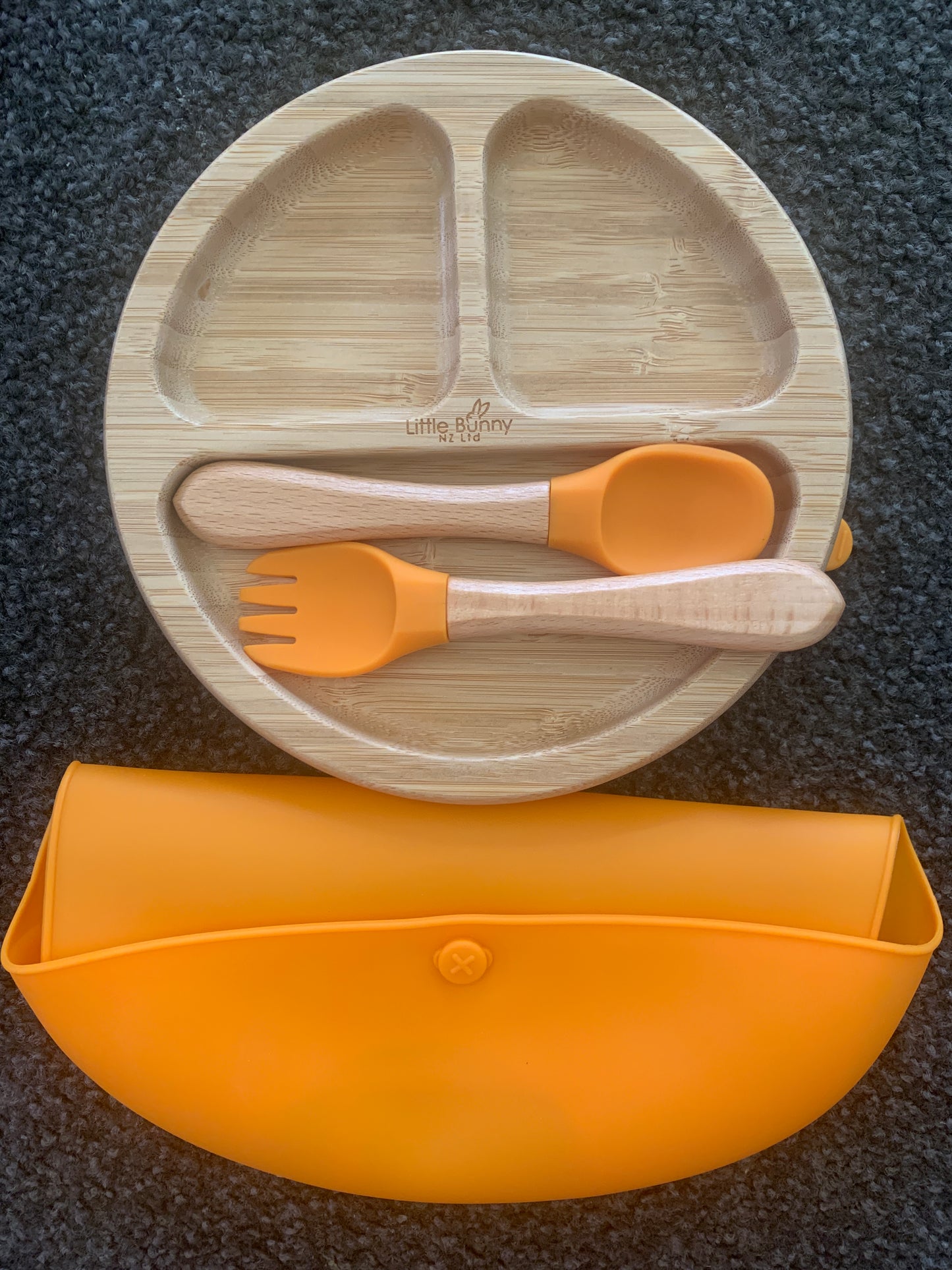 **50% OFF at Checkout. Round Bamboo Plate, Spoon & Fork with Bib Set