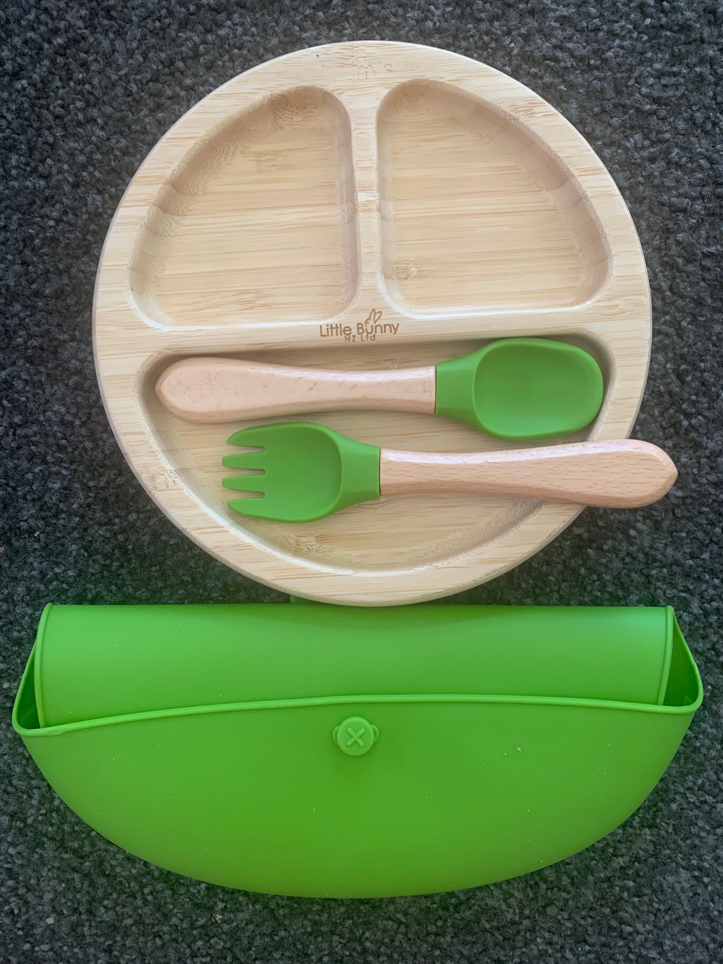 **50% OFF at Checkout. Round Bamboo Plate, Spoon & Fork with Bib Set