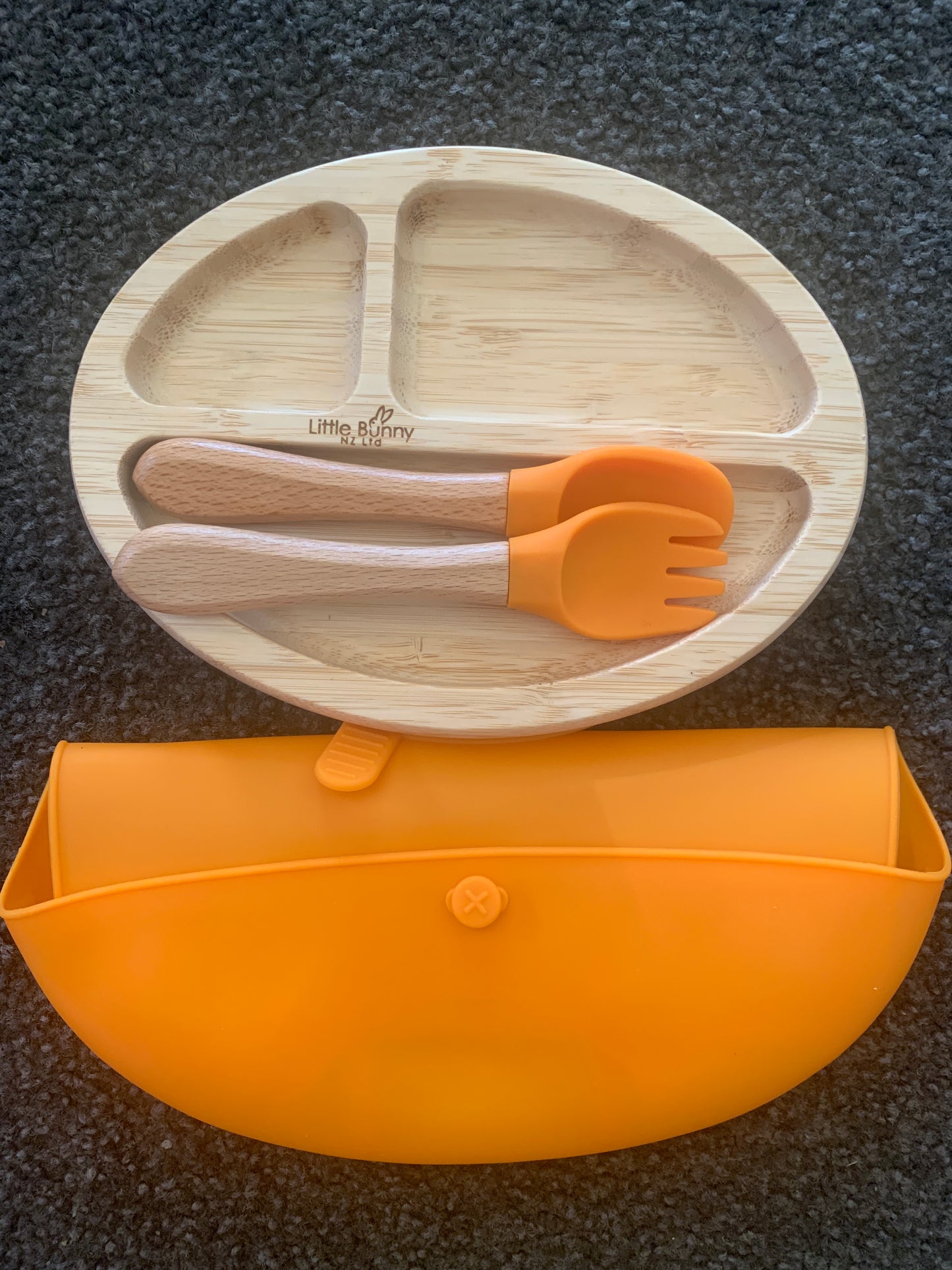 **50% OFF at Checkout. Oval Bamboo plate, spoon & fork and bib set