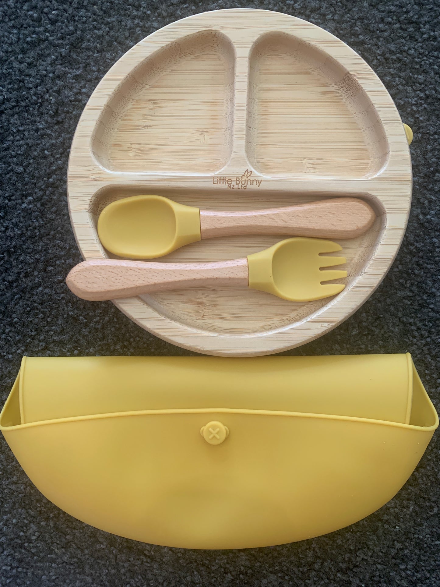 **50% OFF at Checkout. Round Bamboo Plate, Spoon & Fork with Bib Set