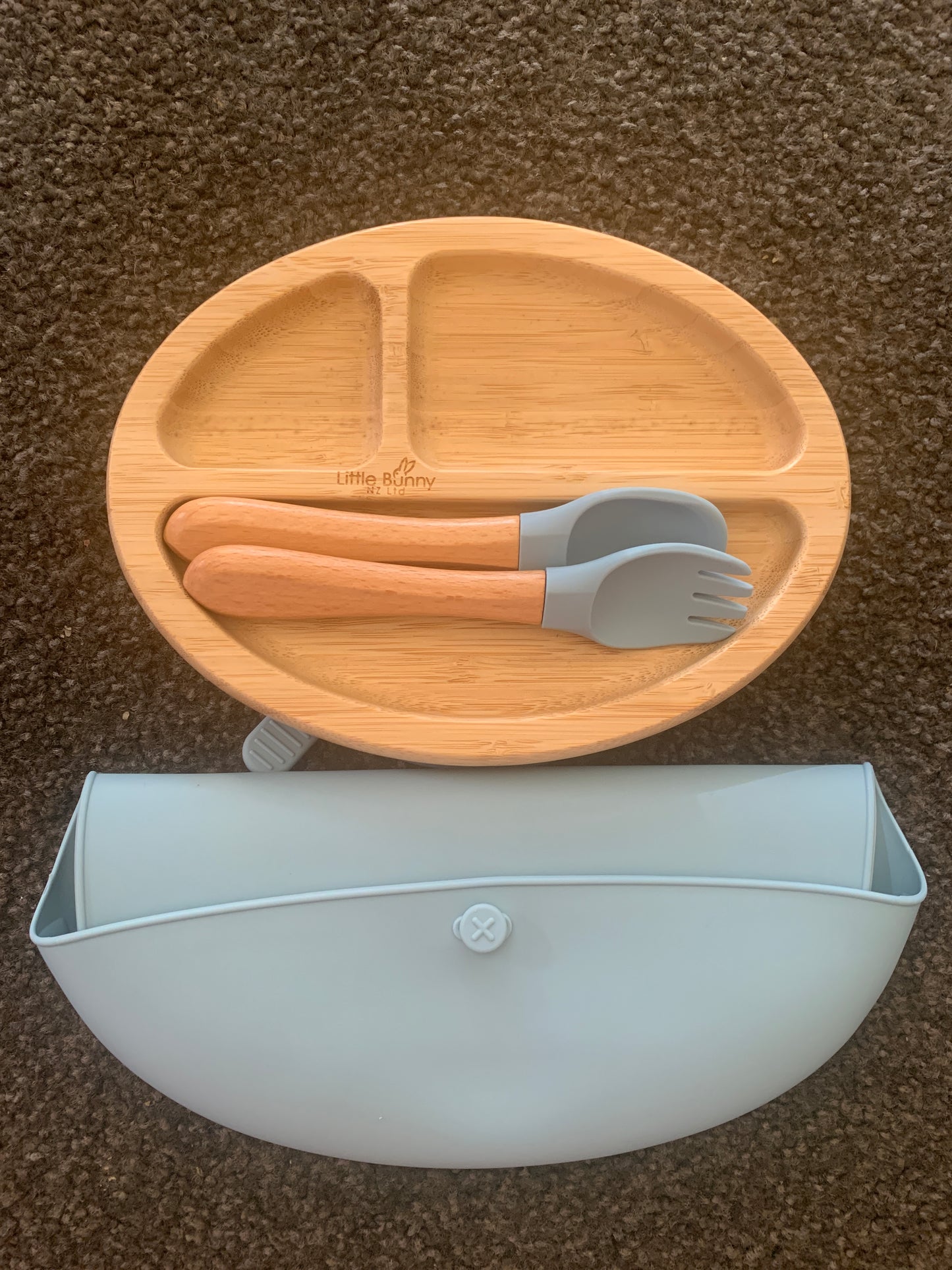 **50% OFF at Checkout. Oval Bamboo plate, spoon & fork and bib set